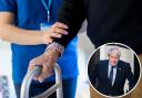 An elderly patient with a carer and, inset, former Prime Minister Boris Johnson