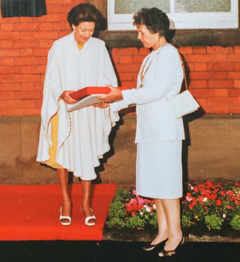 Jenny Holbrook, as mayor of Knutsford, with Princess Margaret in 1992
