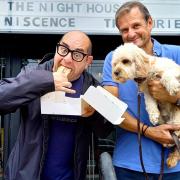 Paul Langle and Mark Radcliffe with dog Arlo encourage people to support Knutsford Bake Club at the Curzon Cinema