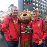 Knutty the Lion with Doddie Weir, former Scottish rugby union player and son Hamish on British Lions tour in Auckland 2017