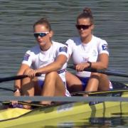 Emily Ford, right, and Esme Booth get ready to start the Olympic class women's pair final in the 2022 World Rowing Championships in Račice, Czech Republic. Picture: worldrowing.com