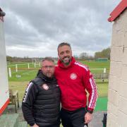 Man of the match Graeme Brotherton with Knutsford FC coach Adam Cross following the win over Bollington