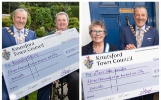 Cllr Peter Coan with Neil Forbes of Knutsford GROW (left) and holding his cheque for UK Men's Sheds Association with Christine Gray (right)