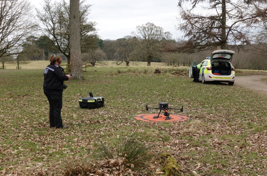 The drone was flown around the area in the hunt for the black motorbike used by armed robbers to raid a bank in Knutsford