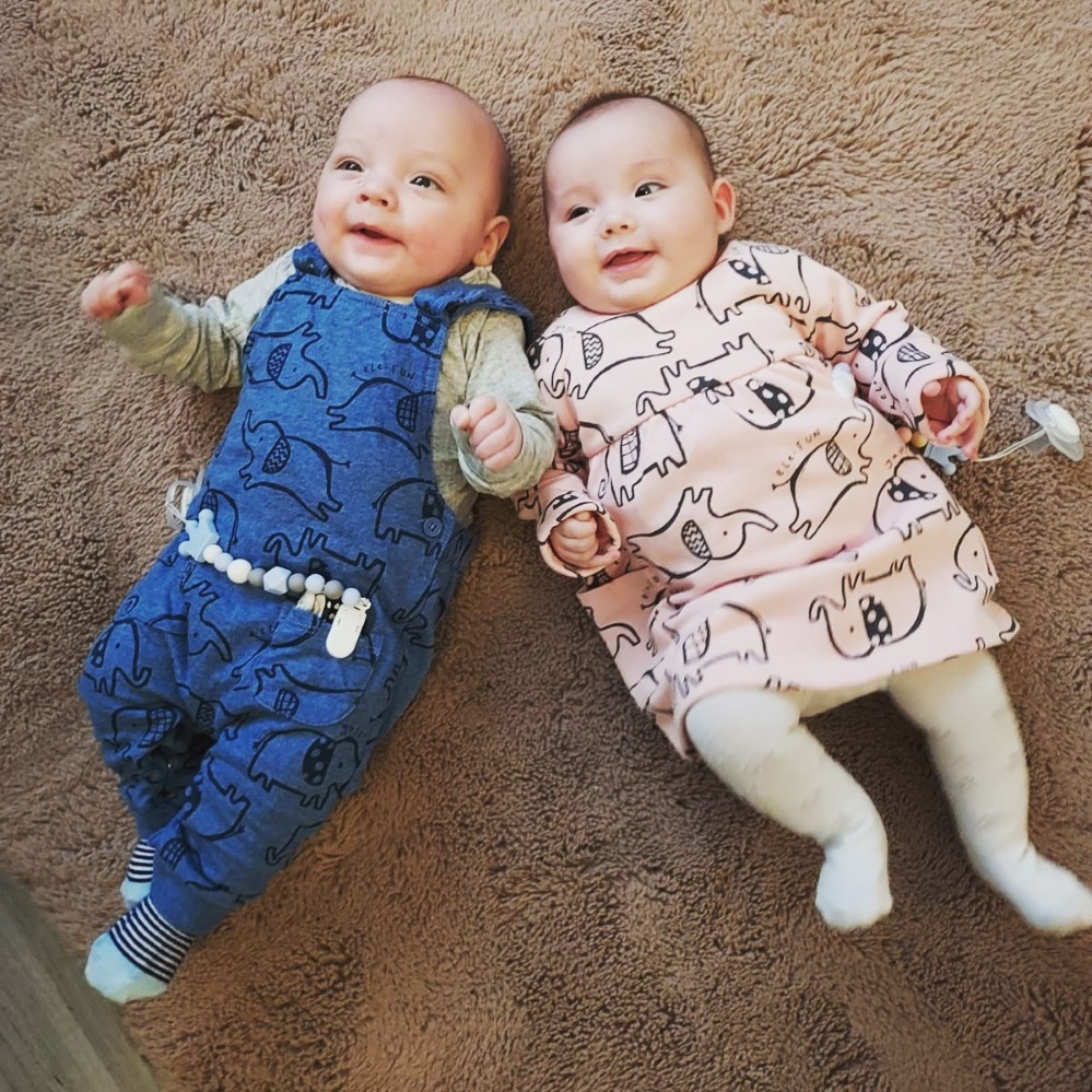 Four-month-old twins George and Grace Bowyer