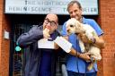 Paul Langle and Mark Radcliffe with dog Arlo encourage people to support Knutsford Bake Club at the Curzon Cinema
