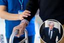 An elderly patient with a carer and, inset, former Prime Minister Boris Johnson