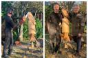 Andy Burgess carving a red kite, left, and shows the finished bird of prey with Alan Titchmarsh