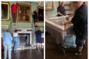 The portrait of John, 1st Lord Byron by William Dobson is taken down and carefully packed up for its journey to Cambridge