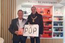 Peter Murray, of Pulse of Perfumery,  with Knutsford mayor Cllr Peter Coan