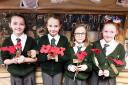 Pupils hold some of the poppies