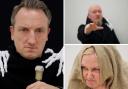 Left: Adrian Grace as Scrooge, top right: Gareth Baddeley as Ghost of Christmas Present, bottom right: Elaine Thorburn as Ghost of Christmas Yet to Be