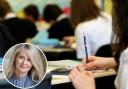 A student studying maths and, inset, Esther McVey MP