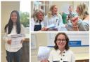 Bernice Yeung; head of upper school Caroline Leigh with Isla Campbell and Charlotte Stanley; and Sophie Derbyshire celebrate on results day
