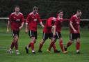 Knutsford FC celebrate their goal against FC St Helens Reserves. Picture: Gary Woodward