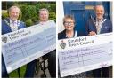 Cllr Peter Coan with Neil Forbes of Knutsford GROW (left) and holding his cheque for UK Men's Sheds Association with Christine Gray (right)