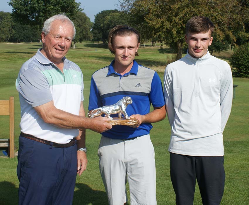Sam Johnson and beaten finalist Sam Hall with Wilmslow GC vice-captain Berkeley Thirsk