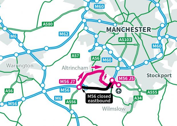 Knutsford Guardian: Caption: People heading to the airport have a choice of diversions - a local diversion via Altrincham (above) - or via the M6, A57, M60 and westbound M56 (below)