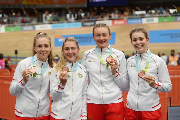 Knutsford Guardian: From left, Women's 4000m Team Pursuit Bronze medallists Josie Knight, Dame Laura Kenny, Maddie Leech and Sophie Lewis with their bronze medals. Picture: SWpix.com
