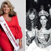 Vicky Ellis now and on the left when finishing second in Miss Great Britain 1983