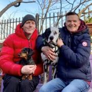 Rob Benson and partner Phil Trow with their Dachshund Vivienne and Dalmatian Cotton