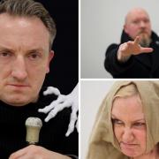 Left: Adrian Grace as Scrooge, top right: Gareth Baddeley as Ghost of Christmas Present, bottom right: Elaine Thorburn as Ghost of Christmas Yet to Be