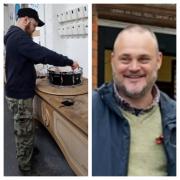 Dom Galligan, left, has landed a job making drum kits for a company founded by comedian Al Murray