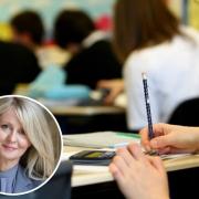 A student studying maths and, inset, Esther McVey MP
