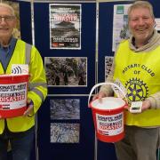 Rotarians Alan Ingram and Andrew Lloyd-Green collecting donations for earthquake survivors at Booths supermarket