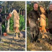 Andy Burgess carving a red kite, left, and shows the finished bird of prey with Alan Titchmarsh