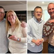 Knutsford Hockey Club chairman Nick Pedlow presents awards to Janice Tasho and James Routs