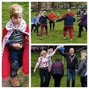 Herbie Hughes, three, dresses up as a king as the mayor and mayoress of Knutsford, Mike and Kate Houghton lead a barn dance on The Heath