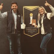 Adam and Becky Brown celebrate winning a gold award for their vanilla ice cream at the International Cheese and Dairy Awards 2023