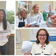 Bernice Yeung; head of upper school Caroline Leigh with Isla Campbell and Charlotte Stanley; and Sophie Derbyshire celebrate on results day