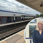 Wilmslow Station and, inset, Esther McVey at Handforth Station