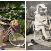 Fleur Clover gets back on a bike at her care home and as a little girl on her red trike