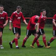 Knutsford FC celebrate their goal against FC St Helens Reserves. Picture: Gary Woodward