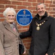 Val Young MBE, longest serving trustee, and Knutsford mayor Cllr Peter Coan unveil a blue plaque to honour philanthropist Marjorie Hurst