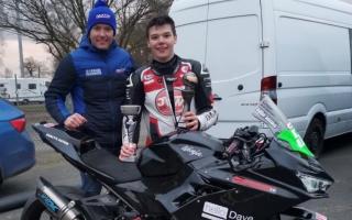Alfie Jenkinson celebrates his recent Oulton Park success with father Adam, who is a former British Superbikes racer